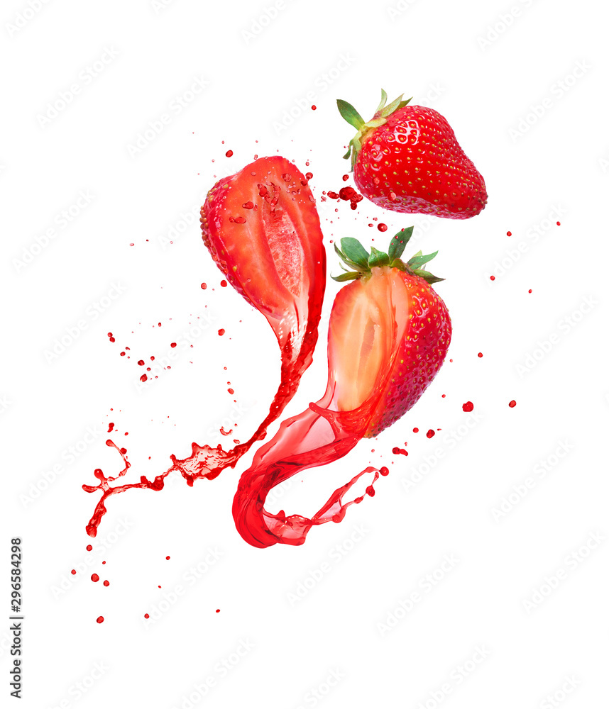 Juice splashes out from cutted strawberries on a white background - obrazy, fototapety, plakaty 