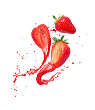 Juice Splashes Out From Cutted Strawberries On A White Background