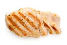 Partially Sliced Grilled Chicken Breast With Grill Marks, Ground Black Pepper And Salt Isolated On White. Top View.