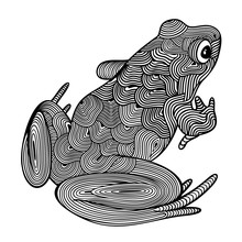 Vector Illustration Of Outline, Decorative Zentangle Sitting Frog, In Black Color, Isolated, On White Background. Illustration For Design.