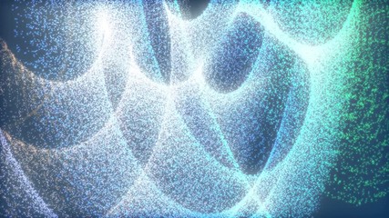 Poster - 4K Futuristic Sci fi Digital Wave Dot Particle Motion Background. Beautiful Landscape Floating Defocus Animation Graphic Design.