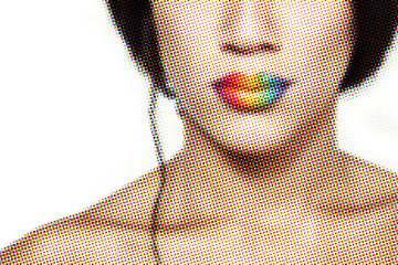 Leinwandbilder - Beauty portrait of beautiful young mulatto fresh woman with rainbow lipstick