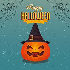 Poster - poster of happy halloween with pumpkin and hat witch vector illustration design