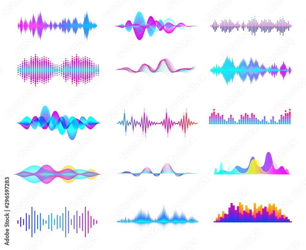 Colorful sound waves. Audio signal wave, color gradient music waveforms and digital studio equalizer vector set. Multicolor audio lines cliparts collection. Soundwaves, radio frequency - obrazy, fototapety, plakaty 