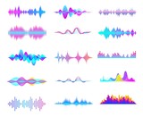 Fototapeta  - Colorful sound waves. Audio signal wave, color gradient music waveforms and digital studio equalizer vector set. Multicolor audio lines cliparts collection. Soundwaves, radio frequency