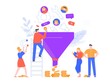 Funnel sales analyzing. Lead generation, marketing funnel and selling strategy vector illustration. Brand promotion, customer oriented business. Professional marketers team cartoon characters