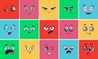 Cartoon face expressions. Surprising look faces, angry mood and doodle head vector illustration set. Cheerful, disappointed and laughing facial expression. Smiling and winking emoticons