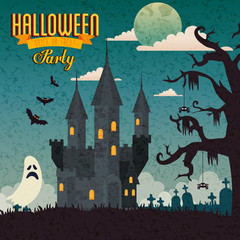 Poster - poster of party halloween with castle haunted and icons vector illustration design