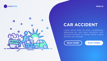 Car Accident Concept: Crashed Cars And Inverted Car Thin Line Icons. Web Page Template For Car Insurance. Modern Vector Illustration With Copy Space.