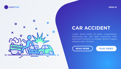 Wall Mural - Car accident concept: crashed cars and inverted car thin line icons. Web page template for car insurance. Modern vector illustration with copy space.