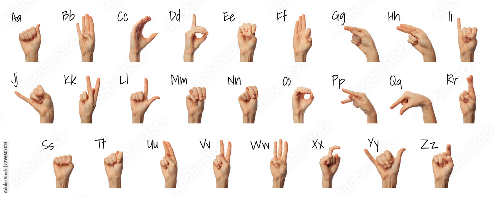 Woman showing ASL alphabet on white background. Sign language concept ...