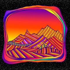 Psychedelic surreal landscepe with colorful mountains, isolted in space and stars bacground. Retro hippie style.