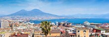 Panoramic View Of Naples, Italy. Castel Nuovo And Galleria Umberto I Towering Over Roofs Of Neighboring Houses Of Naples.