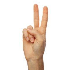 Wall Mural - Finger spelling number 2 in American Sign Language on white background