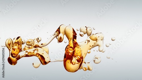 Fotomural transparent orange gold oil bubbles and fluid shapes in purified water on a white gradient background