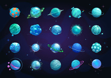 Cartoon Blue Planets Set. Funny Fantasy Planet On Cosmic Background.