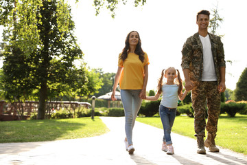 Wall Mural - Man in military uniform and his family walking at sunny park