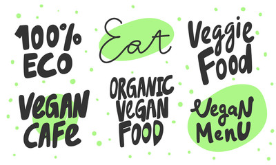 Green eco eat vegan organic bio sticker collection for social media content. Vector hand drawn illustration design. 