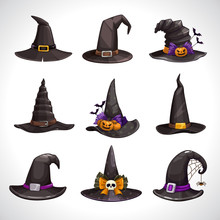 Cartoon Black Witch Hats, Icons Set. Wizard Hat Collection.