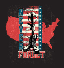 Never Forget Memorial Day Fallen Soldier Silhouette American Flag Boots Rifle Helmet Map Freedom Fourth Of July September 11 4th Of July Independence Day 9/11