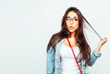 young happy smiling latin american teenage girl emotional posing isolated on white background, lifestyle people concept