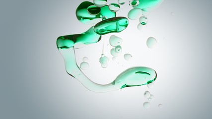 transparent petrol, green blue oil bubbles and fluid shapes in purified water on a white gradient background. Side angle with crystal colored bubbles in purified water cosmetic backdrop with copy spac