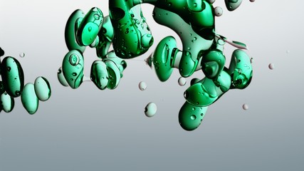 transparent petrol, green blue oil bubbles and fluid shapes in purified water on a white gradient background. Side angle with crystal colored bubbles in purified water cosmetic backdrop with copy spac