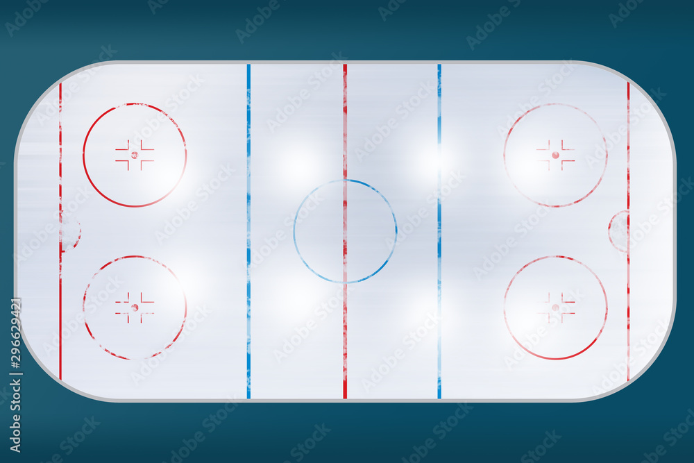 Ilustracyjny widok tafli lodowej do gry w hokej. Widok z góry. - obrazy, fototapety, plakaty 