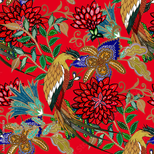 Creative seamless pattern with hand drawn fantasy flowers and bird. Trendy fa...