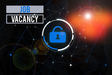 Writing note showing Job Vacancy. Business concept for empty or available paid place in small or big company Woman wear formal work suit presenting presentation using smart device