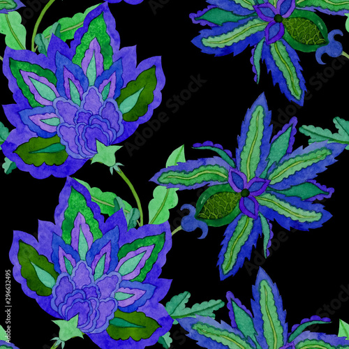 Watercolor seamless pattern with paisley flowers in arabic style. Floral deco...