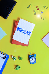 Text sign showing Workplace. Business photo showcasing Area where you can find busy showing doing their job orders Pile of empty papers with copy space on the table