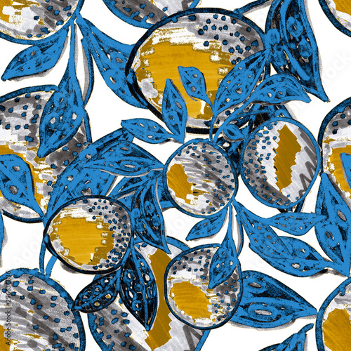 Creative seamless pattern with hand drawn abstract oranges. Fruity fashion pr...