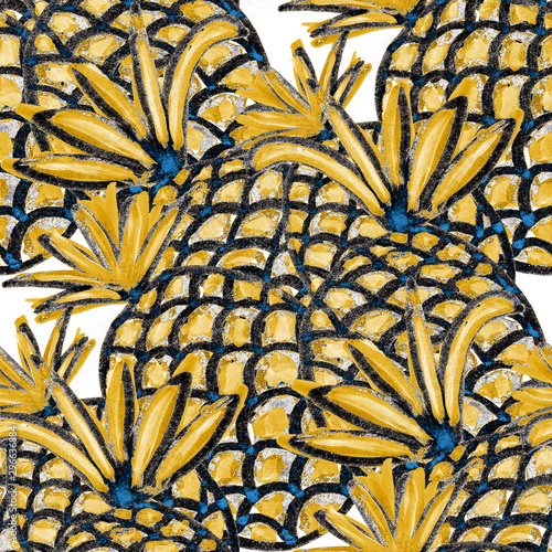 Creative seamless pattern with hand drawn abstract pineapples. Fruity fashion...