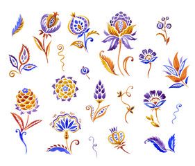 Set of patterns in oriental paisley style: flowers, leaves, curls, decorative patterns for design, watercolor painting on isolated white background.