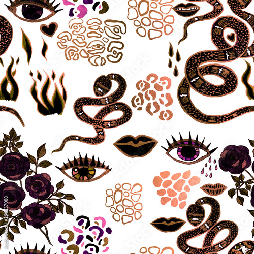 Creative seamless pattern with hand drawn snakes, lips, eyes, roses, leopard ...