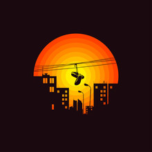 City Illustration. Shoes On Wire In The Street. Urban Style Background. T Shirt Design, Label, Logo, Print, Art.