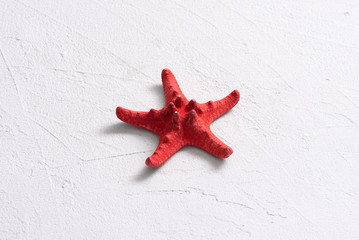 Red starfish on white stone surface background.