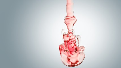 transparent red oil bubbles and fluid shapes in purified water on a white gradient background. Side angle with crystal colored bubbles in purified water cosmetic backdrop with copy space for science a