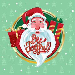 Santa Clause smile face with gift present and say Be joyful at Christmas Eve midnight