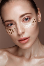 Beautiful Fresh Girl With Cosmetic Patches Under Eyes, Perfect Skin And Natural Make-up. Beauty Face.