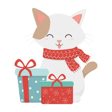 Cat With Gift Boxes Celebration Merry Christmas