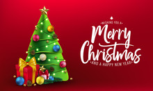 Christmas Banner. Xmas Decorative Design With Christmas Tree, Gifts, Balls, Star, Pine Cone And Lights In Red Background Greeting Card With Merry Christmas Typography Lettering Message