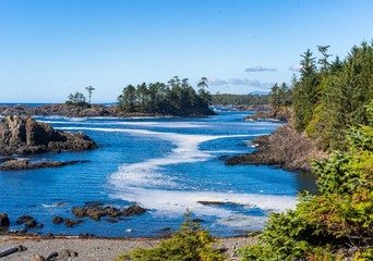 Rugged coast scenic view at Wild Pacific Trail in Ucluelet, British Columbia, Canada near Tofino - spectacular settings with rocky outcroppings and Pacific Ocean waves