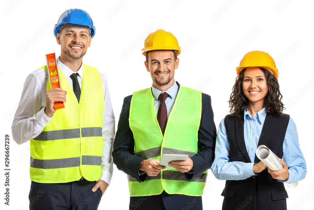 Portrait of architects on white background