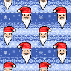 Wall Mural - Christmas seamless pattern with Santa. Knitted festive illustration. Ugly sweater style. Nordic ornament.