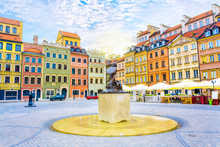 Fountain Mermaid And Colorful Houses On Old Town Market Square In Warsaw, Capital Of Poland