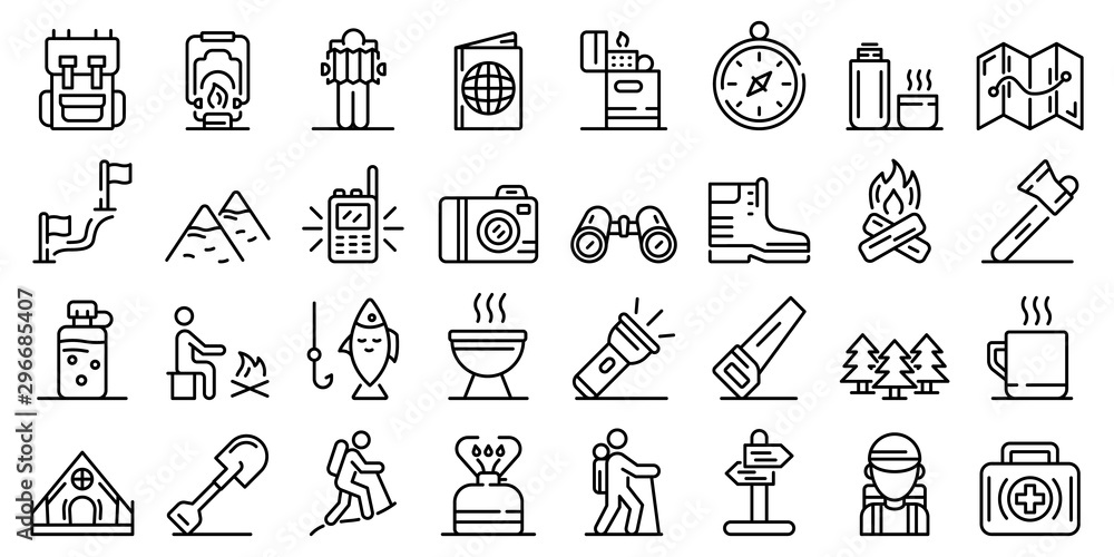 Hiking icons set. Outline set of hiking vector icons for web design isolated on white background - obrazy, fototapety, plakaty 