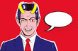 Vector pop art banner of a malevolent laughing devil businessman with horns with speech bubble.