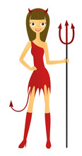 Woman In Devil Costume Holding A Pitchfork